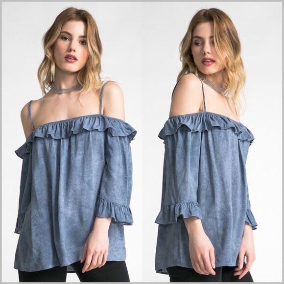 Mineral Washed Ruffled Off Shoulder Top - Picture 1 of 5